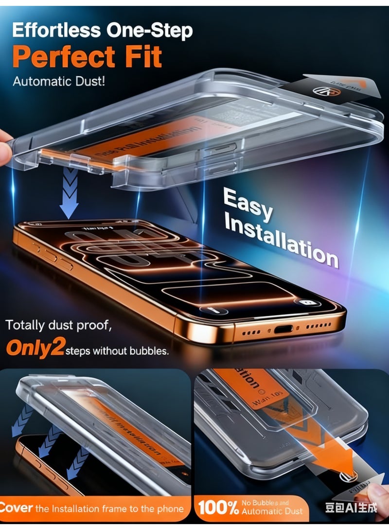 غطاء شاشة أيفون 17 برو مقاس 6.3 بوصة (عبوتين)، مع إطار تركيب سهل، مقاوم لبصمات الأصابع، خالٍ من الفقاعات، زجاج مقوى 9H لأيفون، تركيب ذاتي المحاذاة، واقيات شاشة عالية الدقة متوافقة مع أغلفة الهاتف. - Image 2