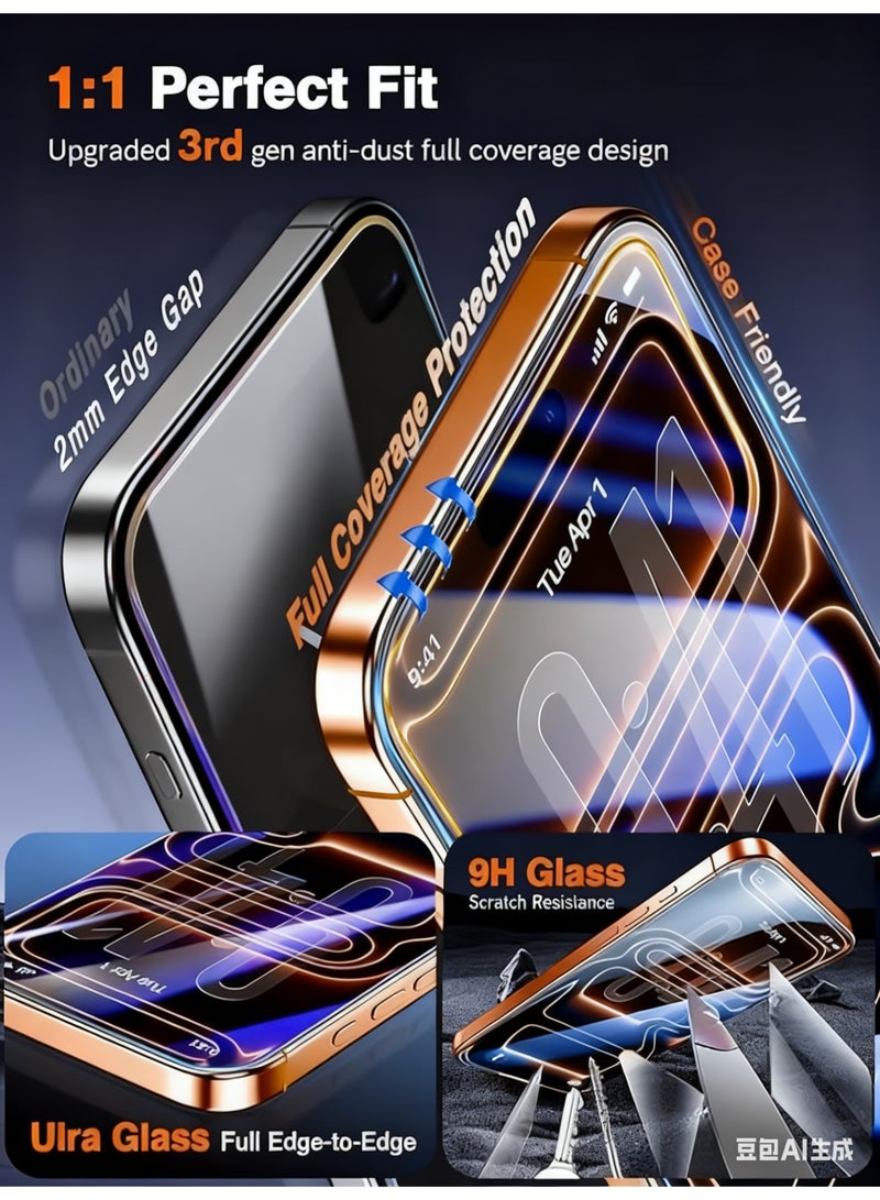 غطاء شاشة أيفون 17 برو مقاس 6.3 بوصة (عبوتين)، مع إطار تركيب سهل، مقاوم لبصمات الأصابع، خالٍ من الفقاعات، زجاج مقوى 9H لأيفون، تركيب ذاتي المحاذاة، واقيات شاشة عالية الدقة متوافقة مع أغلفة الهاتف. - Image 3