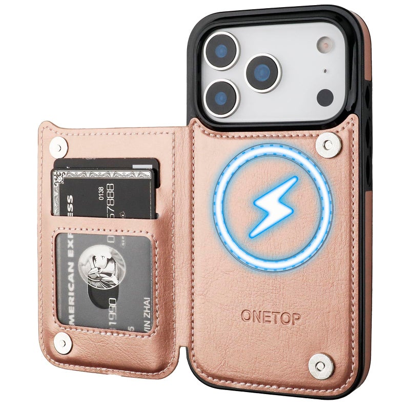 OT ONETOP ONETOP Compatible with Magsafe for iPhone 17 Pro Wallet Case with Card Holder, PU Leather Kickstand RFID Blocking Case, Double Magnetic Clasp and Durable Shockproof Cover 6.3 Inch (Rose Gold) - Image 1