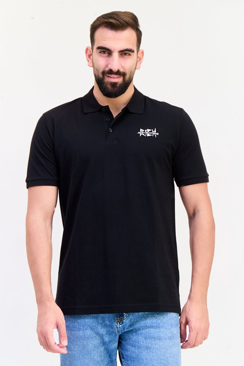 JOHN RICHMOND تي شيرت بولو بأكمام قصيرة للرجال بتصميم عادي مع شعار العلامة التجارية، أسود - Image 1