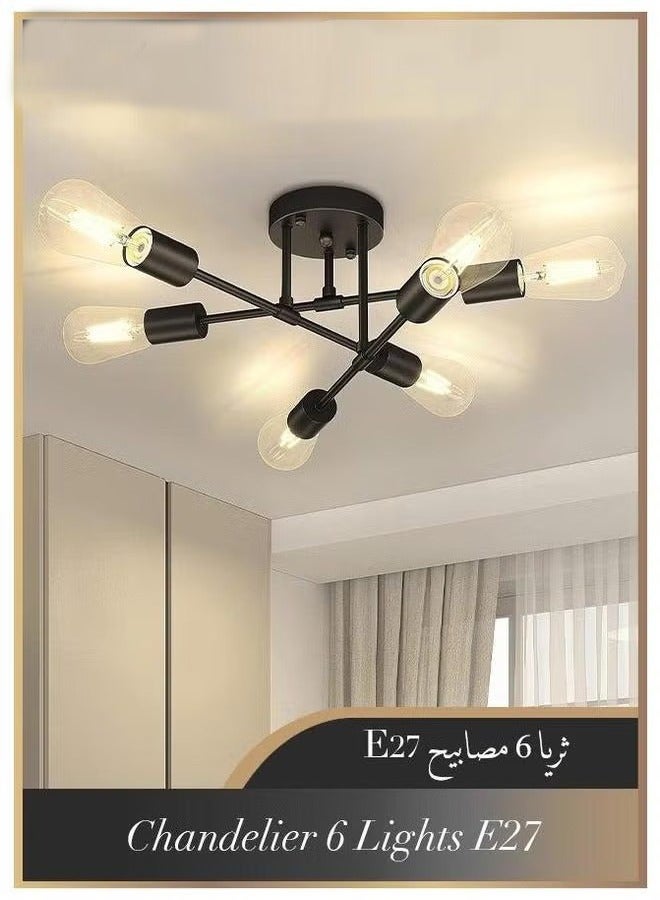 HOMESTAR Chandelier, Modern Ceiling Lighting, 6 Lights E27 Adjustable Industrial Mount Pendant Light Fixture for Kitchen, Living Room, Dining Bedroom Foyer, Black, Bulbs Not Included - Image 1