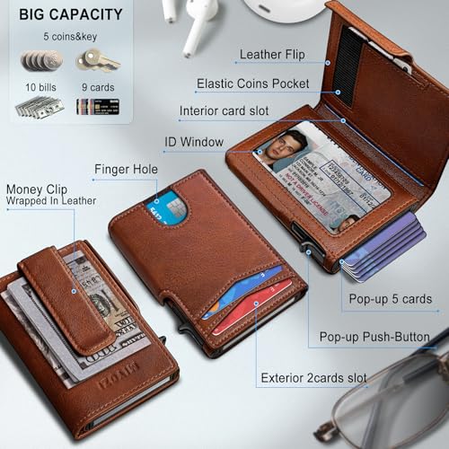 miyozi Men Wallet,with Money Clip Coins Pocket ID Window,Slim Front Pocket RFID Blocking Pop-up Card Holder 3.9"x 2.7", Gift Boxed - Image 2