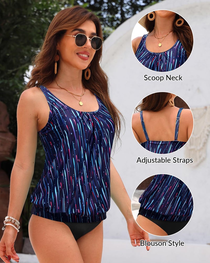 Yonique Womens Blouson Tankini Top No Bottom Loose Fit Swim Top Modest Tank Top Blue Meteor L - Image 4