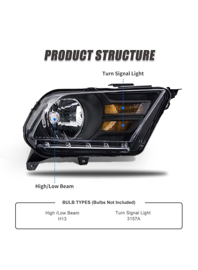 ADCARLIGHTS مجموعة مصابيح أمامية لسيارة فورد موستانج 2010-2014 متوافقة مع موستانج 2010 2011 2012 2013 2014 عدسة شفافة هيكل أسود عاكس كهرماني استبدال لمصابيح الجانب الأيسر والأيمن - Image 4