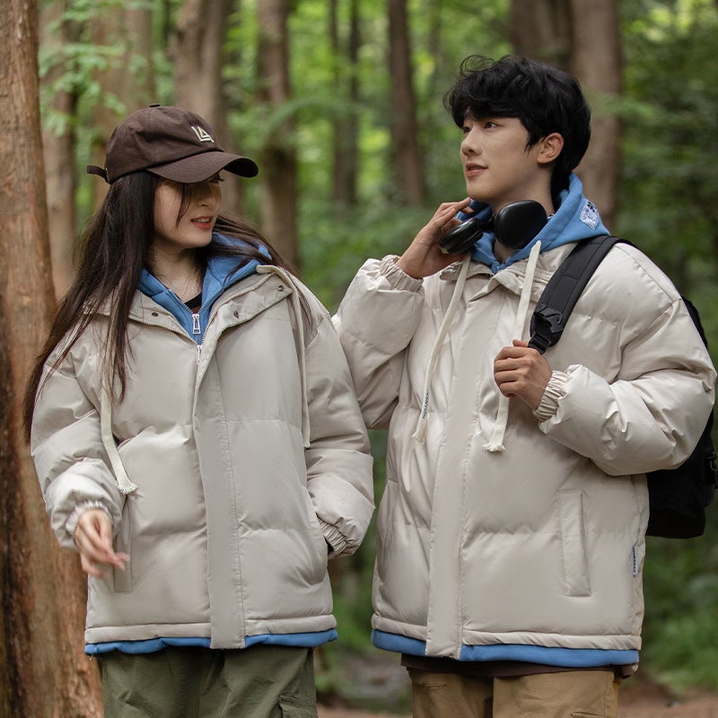 2023 Winter Cotton-Padded Coat Thickened Warm Fake Two-Piece Cotton-Padded Coat Loose Couple Hooded Bread Suit Solid Color Cotton-Padded Coat - Image 2