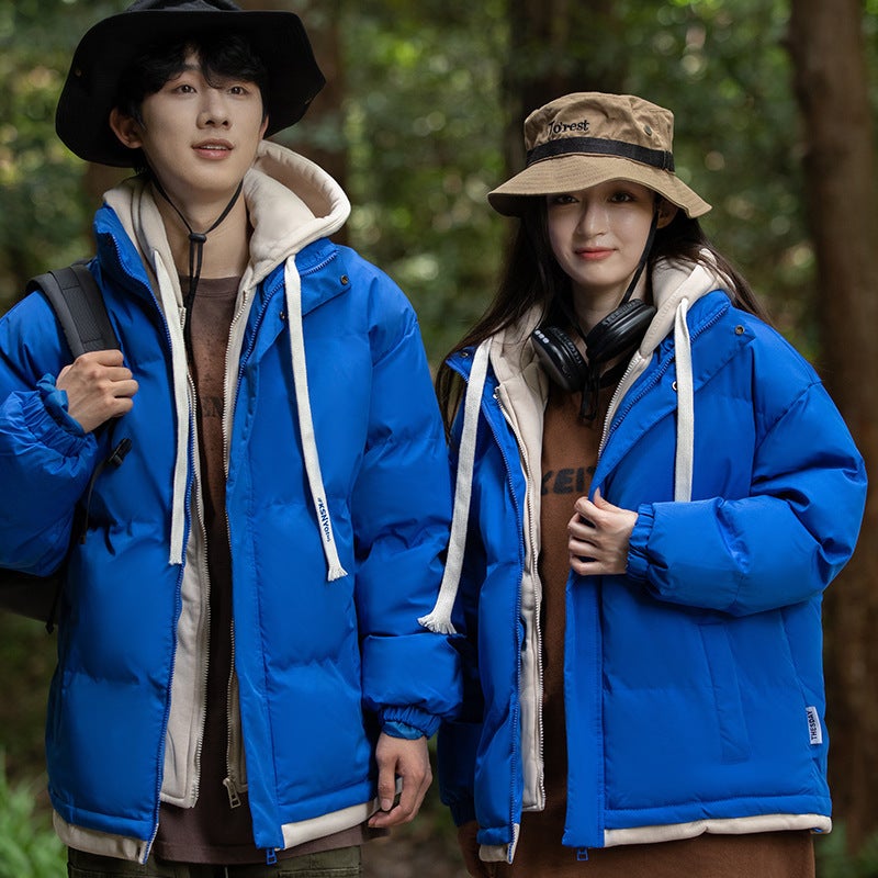 2023 Winter Cotton-Padded Coat Thickened Warm Fake Two-Piece Cotton-Padded Coat Loose Couple Hooded Bread Suit Solid Color Cotton-Padded Coat - Image 1