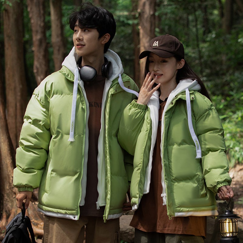 2023 Winter Cotton-Padded Coat Thickened Warm Fake Two-Piece Cotton-Padded Coat Loose Couple Hooded Bread Suit Solid Color Cotton-Padded Coat - Image 3