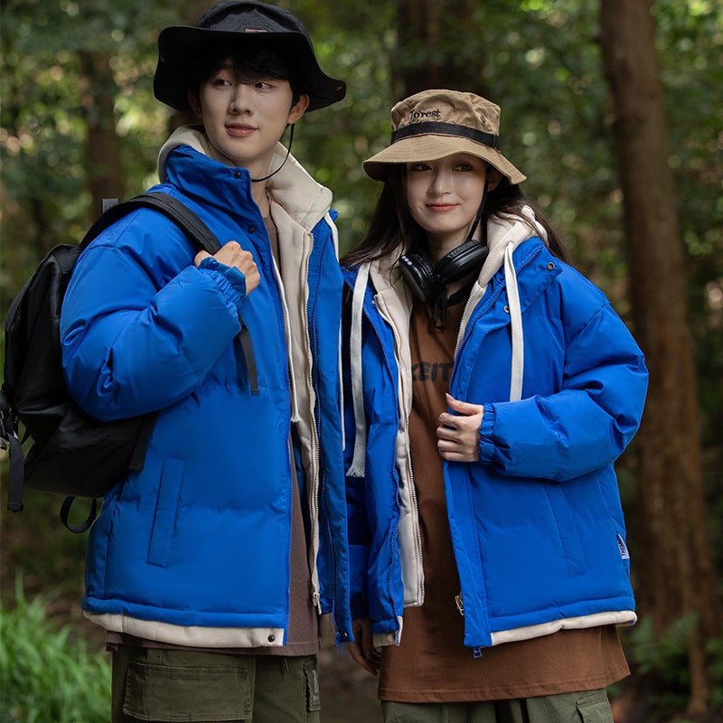 2023 Winter Cotton-Padded Coat Thickened Warm Fake Two-Piece Cotton-Padded Coat Loose Couple Hooded Bread Suit Solid Color Cotton-Padded Coat - Image 4