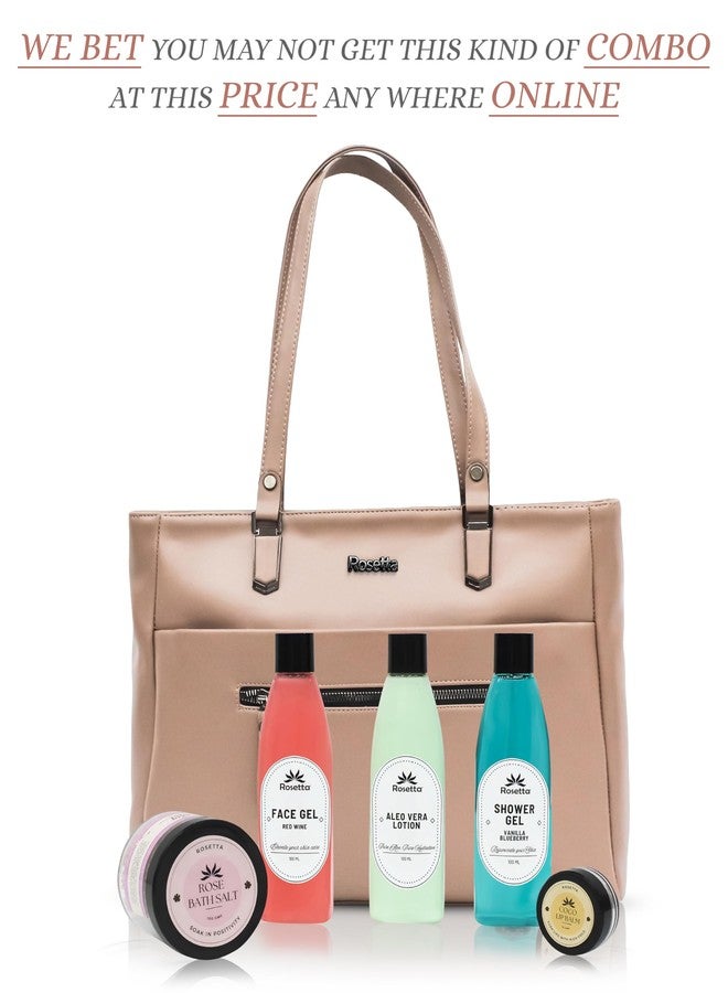 روزيتا حقيبة يد نسائية من روزيتا مع مجموعة هدايا للعناية بالبشرة بالأعشاب | حقيبة كتف من الجلد النباتي مع جل للوجه، جل استحمام، لوشن الصبار، وملح استحمام | هدية مثالية للنساء (لون بيج) - Image 5