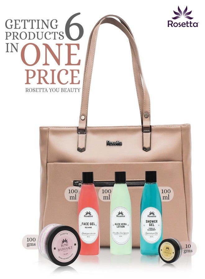 روزيتا حقيبة يد نسائية من روزيتا مع مجموعة هدايا للعناية بالبشرة بالأعشاب | حقيبة كتف من الجلد النباتي مع جل للوجه، جل استحمام، لوشن الصبار، وملح استحمام | هدية مثالية للنساء (لون بيج) - Image 3