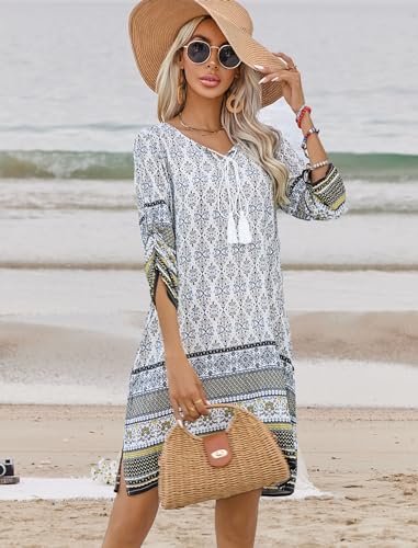 HOTOUCH Boho Dresses for Women 2025 Womens Casual Tassel Tie Neck 3/4 Sleeve Boho Floral Printed Loose Short Mini Summer Beach Dress White M - Image 5
