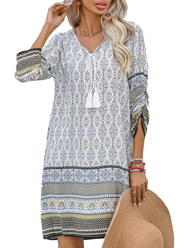 HOTOUCH Boho Dresses for Women 2025 Womens Casual Tassel Tie Neck 3/4 Sleeve Boho Floral Printed Loose Short Mini Summer Beach Dress White M - Image 1