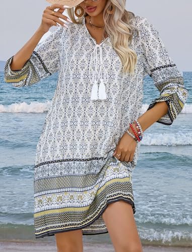HOTOUCH Boho Dresses for Women 2025 Womens Casual Tassel Tie Neck 3/4 Sleeve Boho Floral Printed Loose Short Mini Summer Beach Dress White M - Image 4