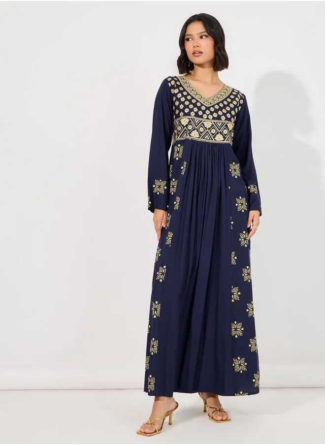 Styli Printed Panel Embroidered Jalabiya with Waist Pleated Detail