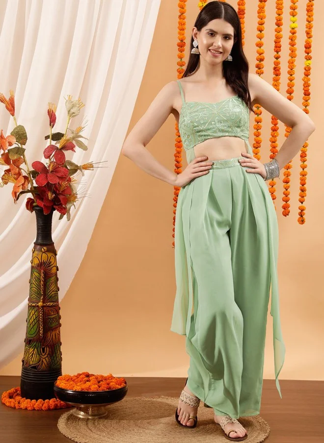 Indo Street Green Sequinned Crop Top & Palazzo Set for Women