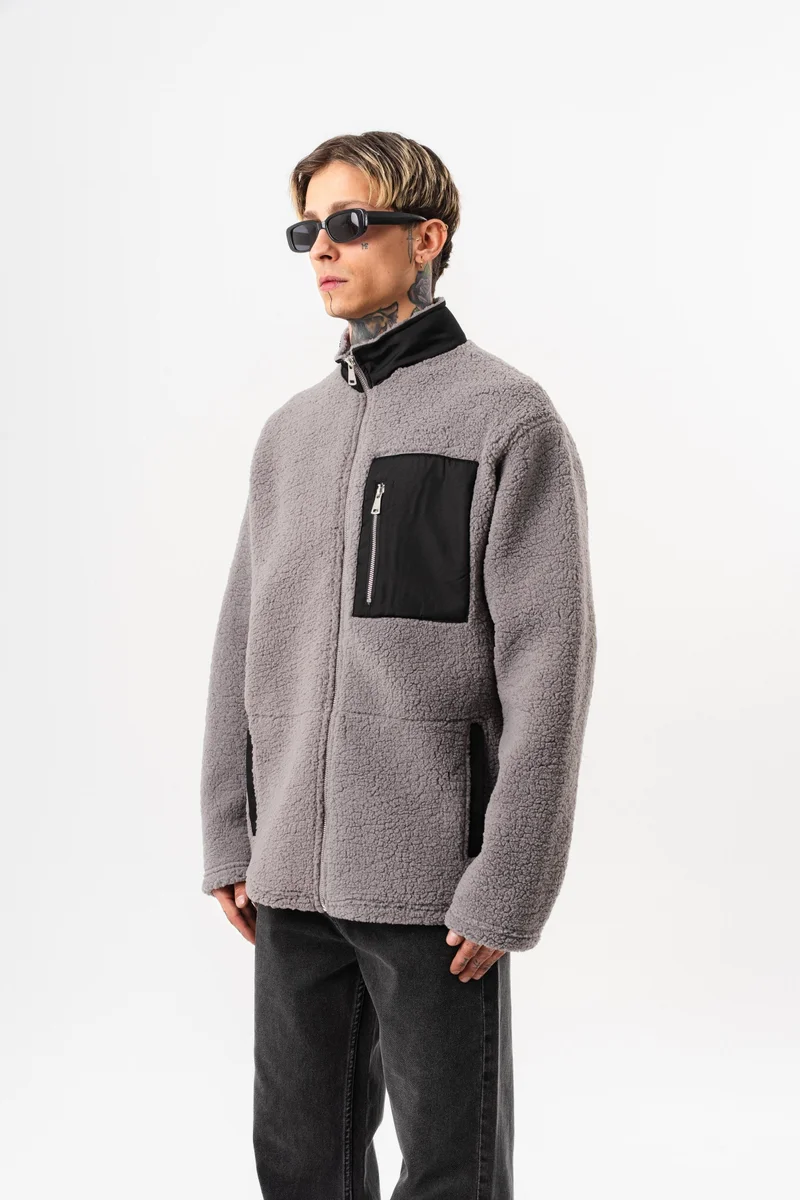 RESPIRE Men's Zip Oversize Teddy Jacket Grey