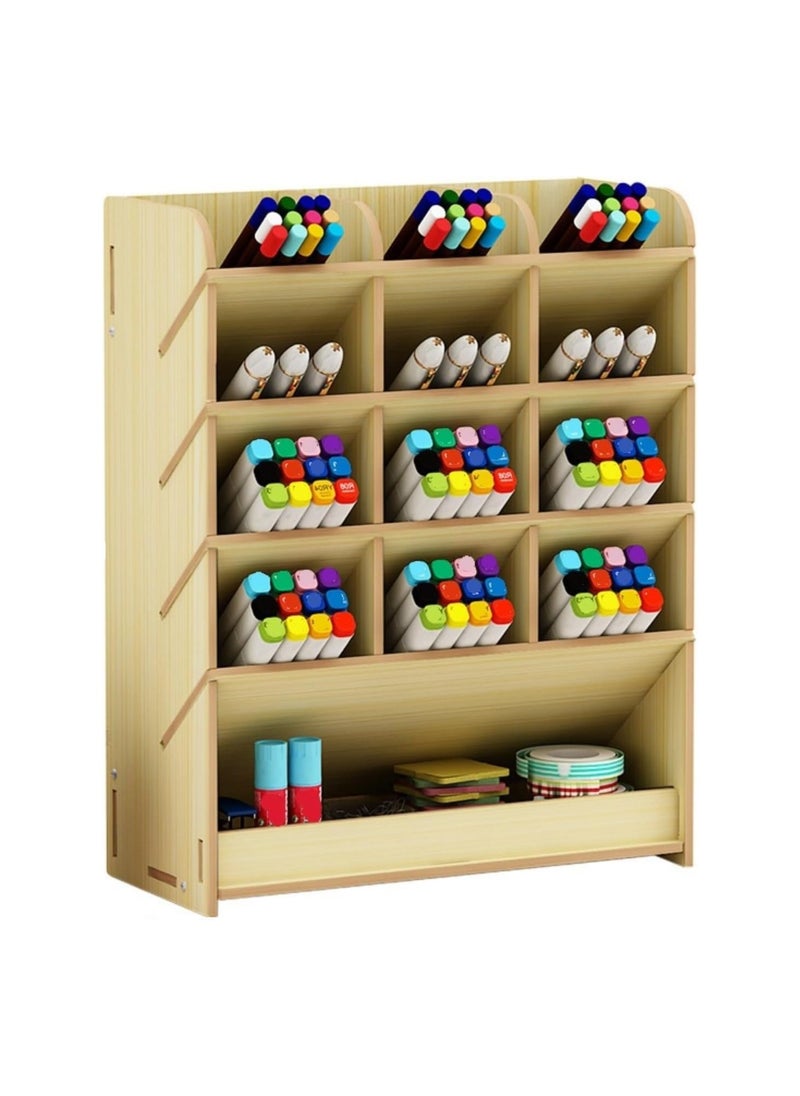 كيلا - منظم مكتب خشبي مع درج، حامل أقلام DIY بسعة كبيرة، رف تخزين مكتبي، منظم أقلام للمكتب والمنزل واللوازم المدرسية - Image 1