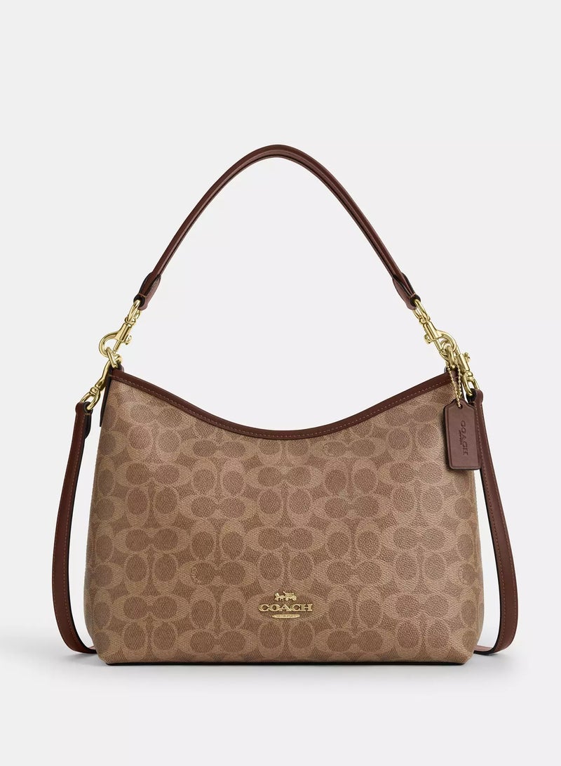 كوتش اوت ليت حقيبة كتف كوتش لوريل من قماش سيجنيتشر، حقيبة كروس بودي نسائية، حقيبة يد نسائية، حقيبة كتف نسائية، حقيبة سفر نسائية، بيج-بني - 31 سم - Image 1