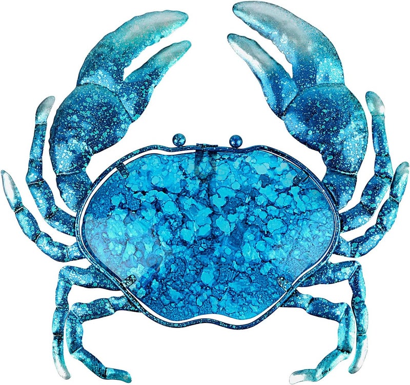John's Studio Store Crab Wall Decor Outdoor Metal Bathroom Hanging Art Glass Blue Ocean Theme Decorations for Home, Pool and Patio - Image 1
