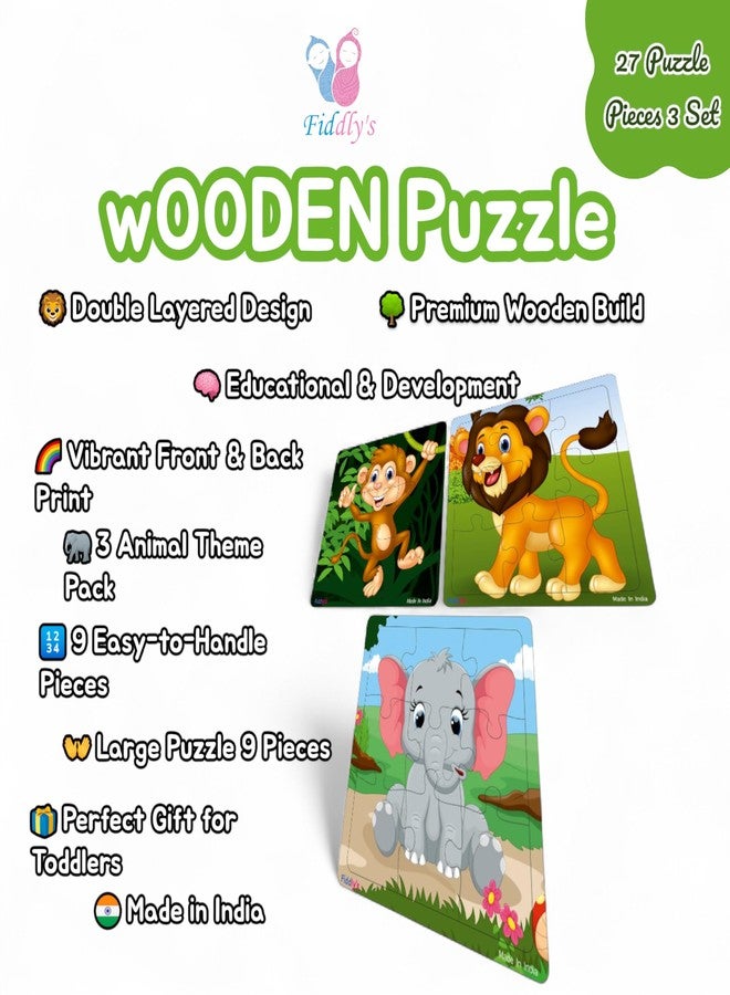 Fiddlys Wooden Jigsaw Puzzles for Kids & Children – 9 Pieces Each, Pack of 3|Double Layered Front & Back Print| Educational Toy for Boys & Girls Age 2 3 4 5 6 Year Old (Pack of 3 Animal) - Image 3