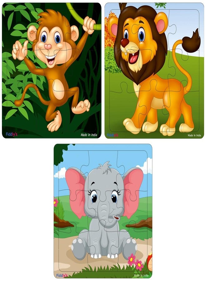 Fiddlys Wooden Jigsaw Puzzles for Kids & Children – 9 Pieces Each, Pack of 3|Double Layered Front & Back Print| Educational Toy for Boys & Girls Age 2 3 4 5 6 Year Old (Pack of 3 Animal) - Image 1
