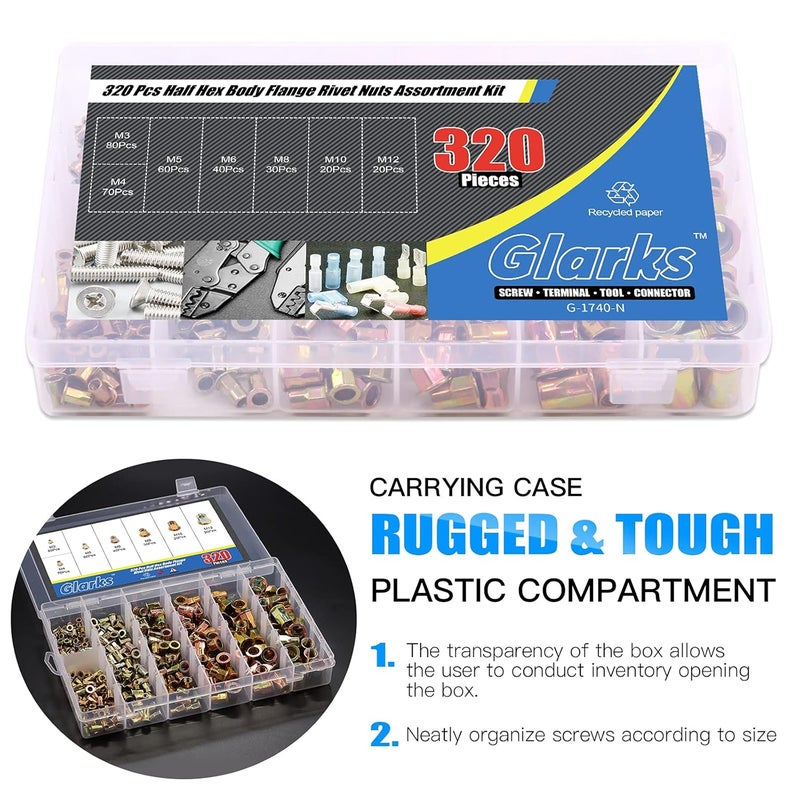 Glarks 320Pcs M3 M4 M5 M6 M8 M10 M12 Half Hex Body Flange Rivet Nuts Assortment Kit, Zinc Plated Carbon Steel Flat Head Threaded Insert Nut Rivnut Set (Rivet Nut Set) - Image 5
