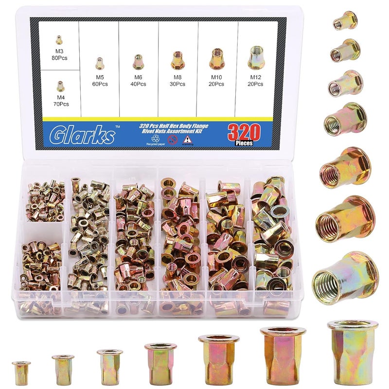 Glarks 320Pcs M3 M4 M5 M6 M8 M10 M12 Half Hex Body Flange Rivet Nuts Assortment Kit, Zinc Plated Carbon Steel Flat Head Threaded Insert Nut Rivnut Set (Rivet Nut Set) - Image 1