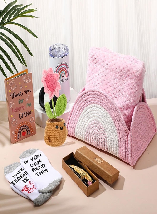 زوبيل مجموعة هدايا تقدير المعلمين من زوبيل، 9 في 1، سلة شكر للمعلمين في عيد الميلاد، سلة منسوجة، كوب، هدية نهاية العام للرجال والنساء، عيد الشكر، عيد الميلاد (وردي) - Image 3