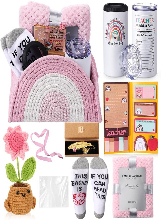 زوبيل مجموعة هدايا تقدير المعلمين من زوبيل، 9 في 1، سلة شكر للمعلمين في عيد الميلاد، سلة منسوجة، كوب، هدية نهاية العام للرجال والنساء، عيد الشكر، عيد الميلاد (وردي) - Image 1