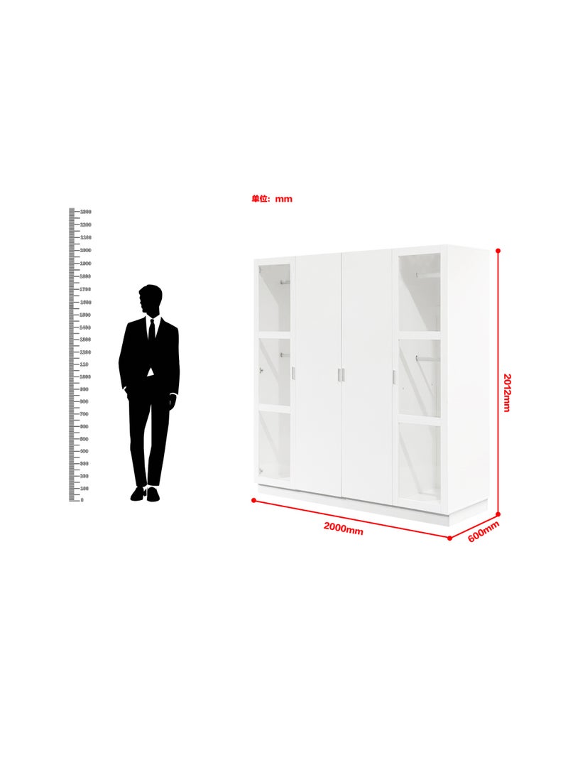 ebb & flow Wooden White Bedroom Wardrobe, 4-Door Closet with Hanging Rail and Shelves, Modern Design, 200 × 60 × 201 cm - Image 3