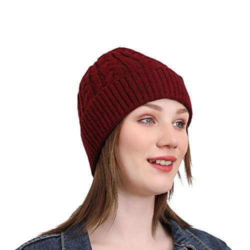 Coreteq Women Woollen Winter Cuff Beanie Cap Cable Knit (Free Size, Pack of 1) - Maroon - Image 1