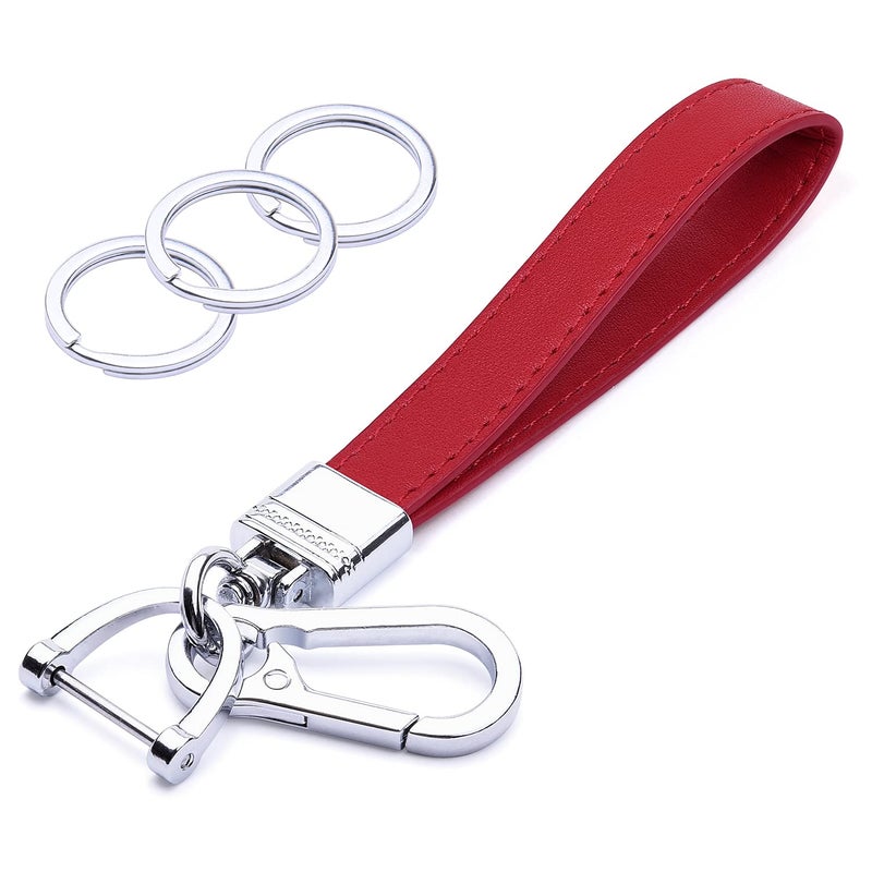 Wisdompro Genuine Leather Car Keychain, Universal Heavy Duty Leather Key FOB Keychain Key Chains Women for Car Keys, 360 Degree Rotation, with Anti-lost D-ring and 3 Keyrings - Red - Image 1