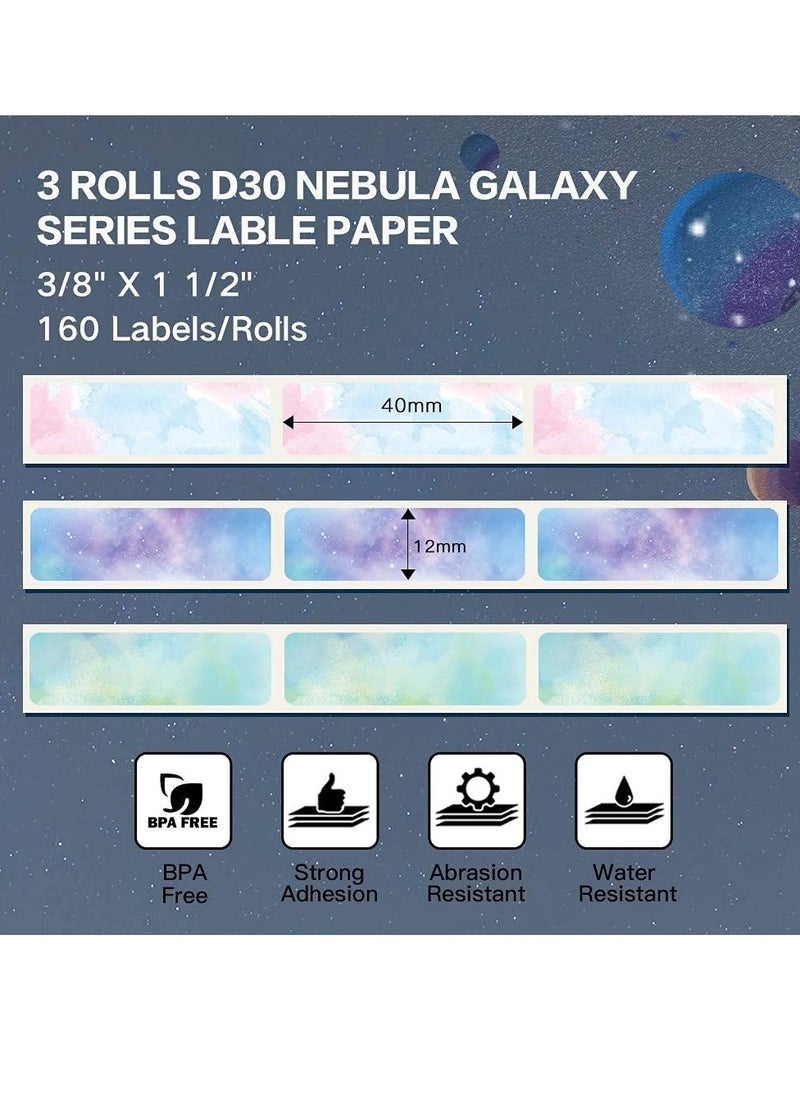 KASTWAVE - Compatible with Phomemo D30 Adhesive Nebula/Galaxy Series Pattern Paper, 3/8"*1 1/2"(12mm X 40mm), 160 Labels/Roll, For D30 Label Maker Machine, 3 Rolls - Image 1