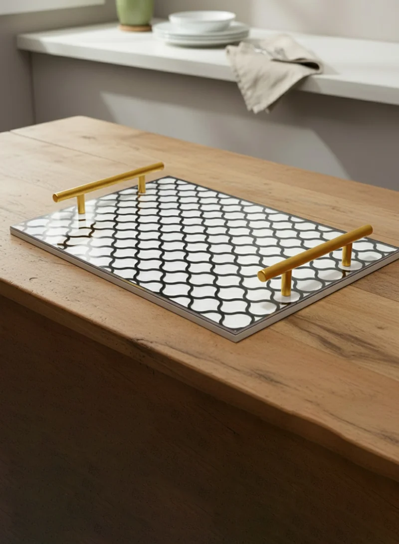 LOWHA Acrylic Serving Tray with Gold Metal Handles and Decorative Design