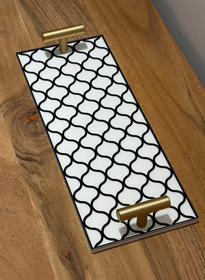 LOWHA Acrylic Serving Tray with Gold Metal Handles and Decorative Design