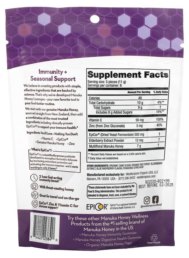 Wedderspoon Manuka Honey Lozenges Elderberry 2.6 oz (74 g) - Image 2