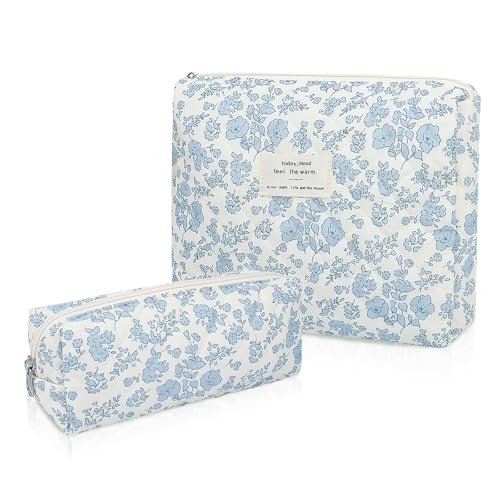 Gosect 2PC Makeup Bag Set Cute Cosmetic Bag for Women Girls Floral Coquette Aesthetic Toiletry Bag Travel Make Up Organizer Bag Blue Floral - Image 1