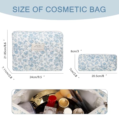 Gosect 2PC Makeup Bag Set Cute Cosmetic Bag for Women Girls Floral Coquette Aesthetic Toiletry Bag Travel Make Up Organizer Bag Blue Floral - Image 3