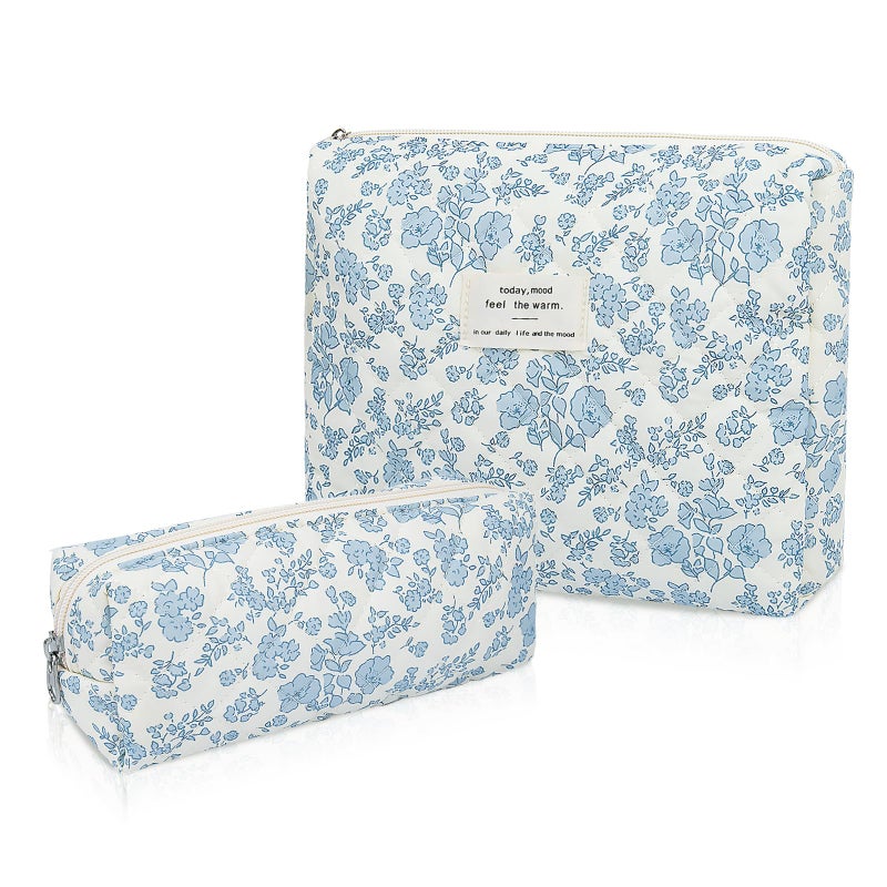 Gosect 2PC Makeup Bag Set Cute Cosmetic Bag for Women Girls Floral Coquette Aesthetic Toiletry Bag Travel Make Up Organizer Bag Blue Floral - Image 2