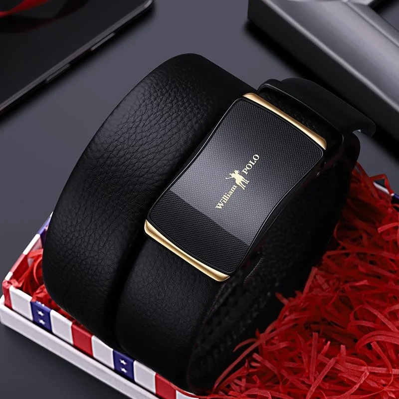 William Polo Genuine Leather Black Stylish Italian Belt with Gold Buckle