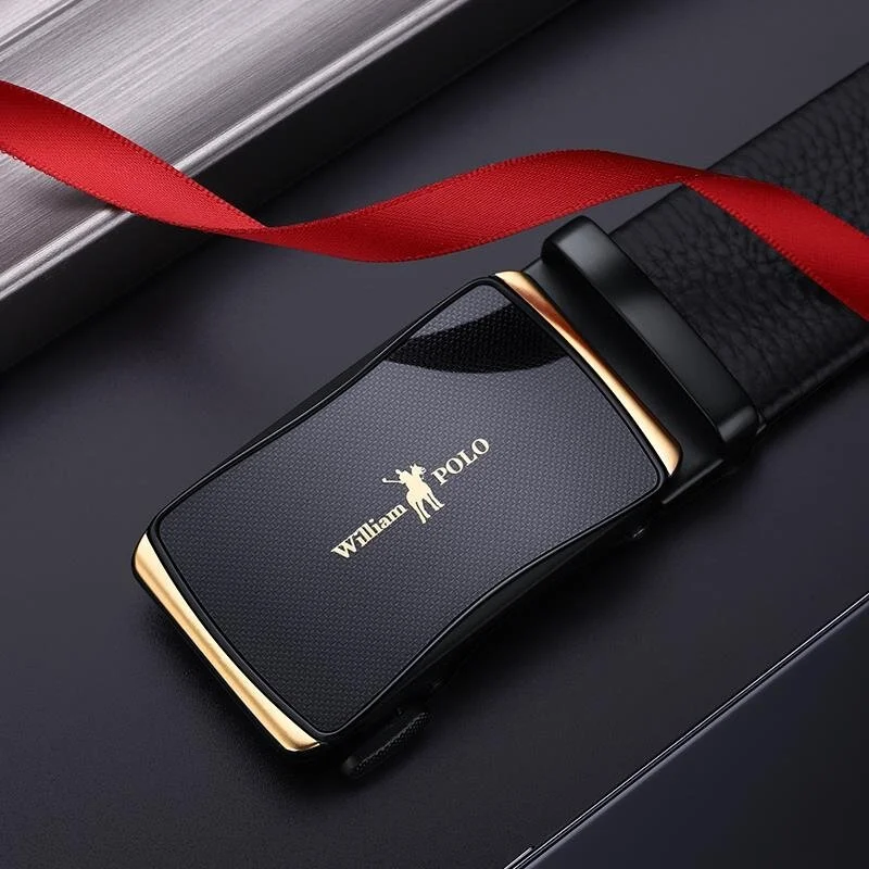 William Polo Genuine Leather Black Stylish Italian Belt with Gold Buckle