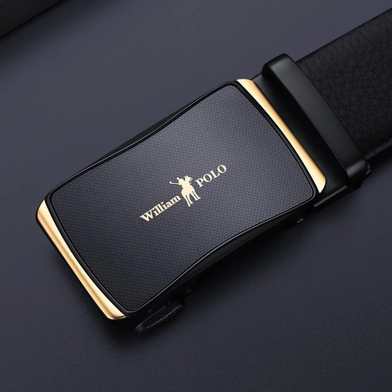 William Polo Genuine Leather Black Stylish Italian Belt with Gold Buckle