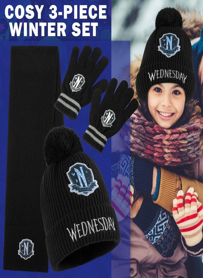 Wednesday 3 Pc Winter Set for Girls, Teens with Beanie Hat Scarf & Gloves 6-14 yrs Winter Accessories Gothic Gifts for Girls - Image 2