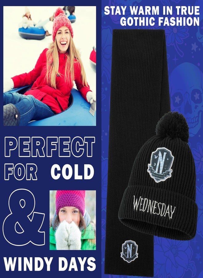 Wednesday 3 Pc Winter Set for Girls, Teens with Beanie Hat Scarf & Gloves 6-14 yrs Winter Accessories Gothic Gifts for Girls - Image 3