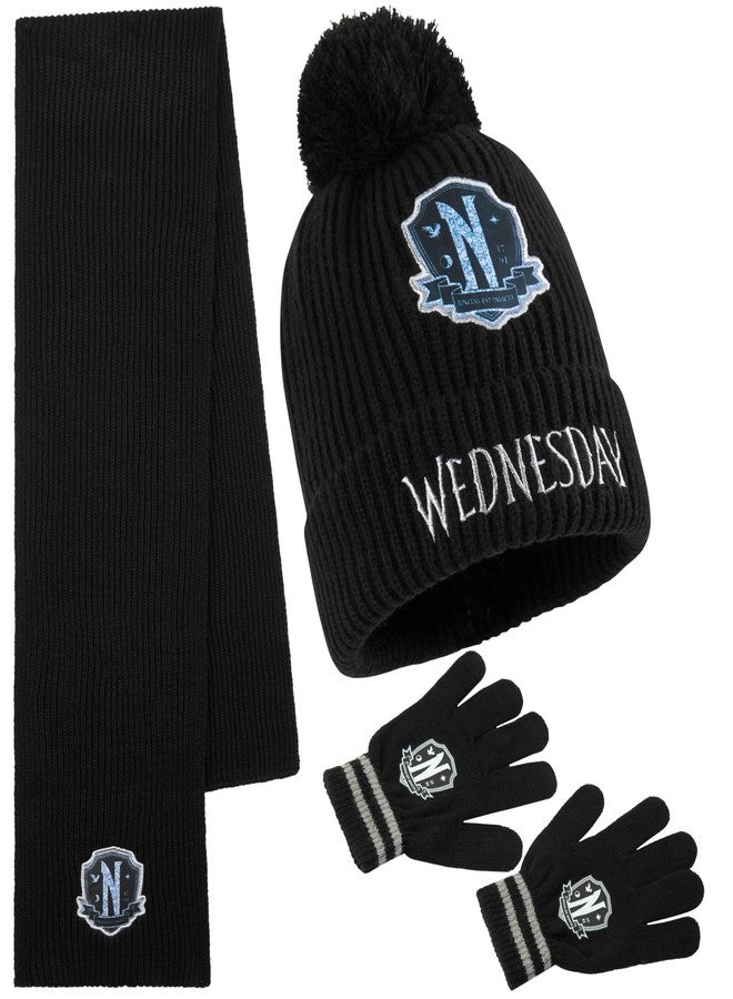 Wednesday 3 Pc Winter Set for Girls, Teens with Beanie Hat Scarf & Gloves 6-14 yrs Winter Accessories Gothic Gifts for Girls - Image 1