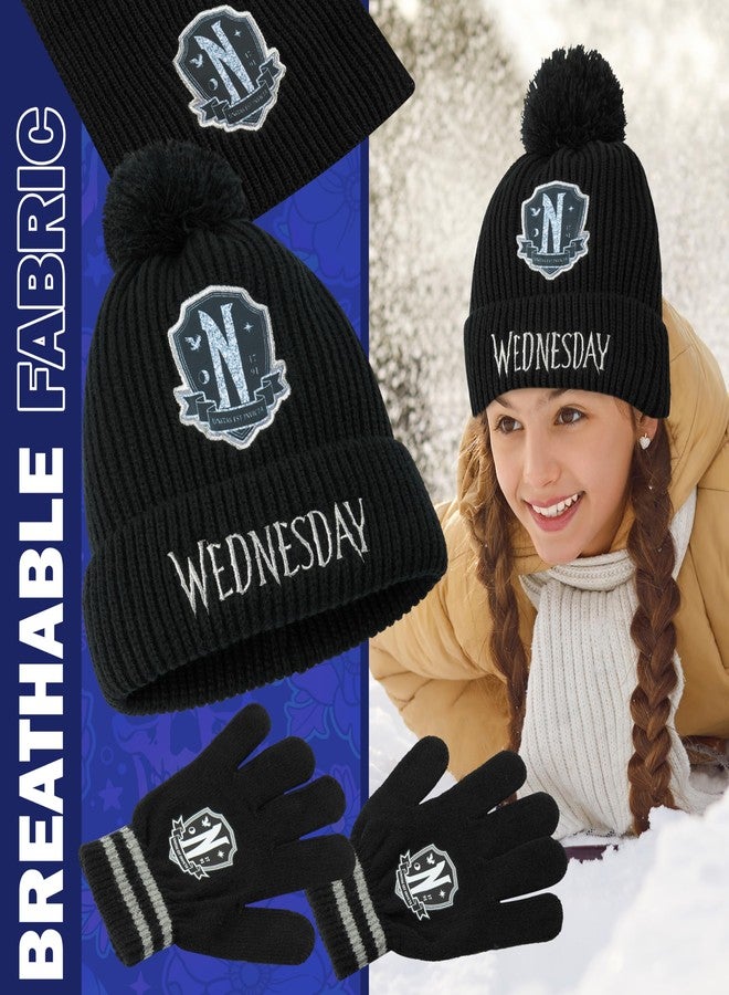 Wednesday 3 Pc Winter Set for Girls, Teens with Beanie Hat Scarf & Gloves 6-14 yrs Winter Accessories Gothic Gifts for Girls - Image 5