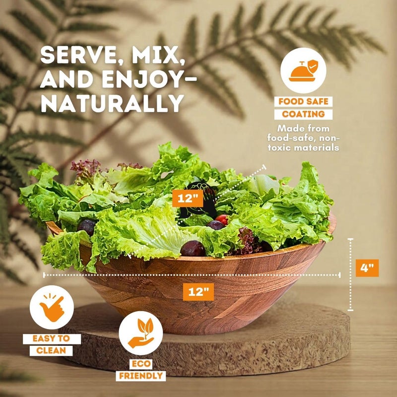 Luxe Designs Wooden Salad Bowl Set  Food Safe  Sustainable Decorative Bowl  Wood Bowl for Fruits  Salads  Easy to Clean Large Salad Bowls Set wSpoon Fork  Wooden Bowls for Food Natural - Image 2
