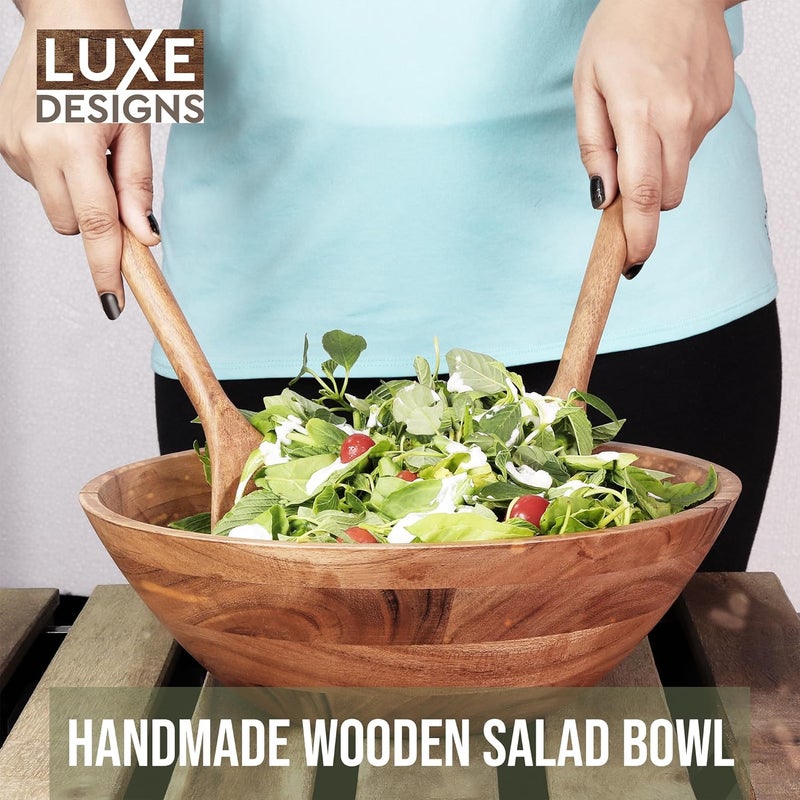 Luxe Designs Wooden Salad Bowl Set  Food Safe  Sustainable Decorative Bowl  Wood Bowl for Fruits  Salads  Easy to Clean Large Salad Bowls Set wSpoon Fork  Wooden Bowls for Food Natural - Image 5