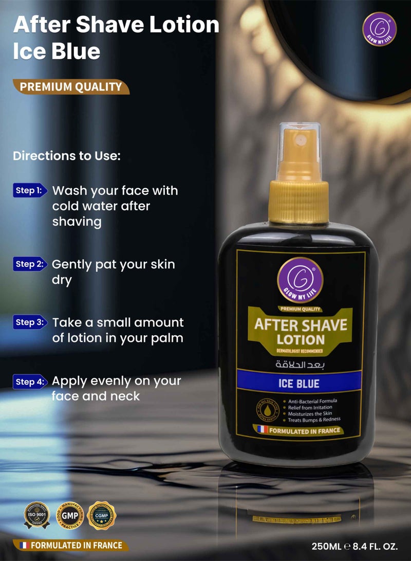 Glow My Life After Shave Lotion Ice Blue 250ml | Dermatologist Recommended | Anti-Bacterial Formula | Relief from Irritation | Moisturises Skin | Treats Bumps & Redness | Formulated in France | Premium Quality | Men - Image 5