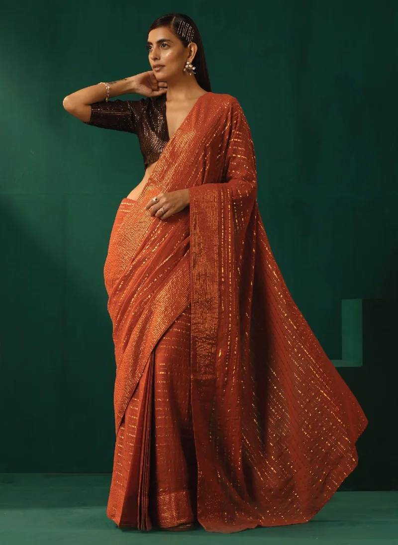 trueBrowns trueBrowns Rust Cotton Gold Striped Pre-Stitched Saree